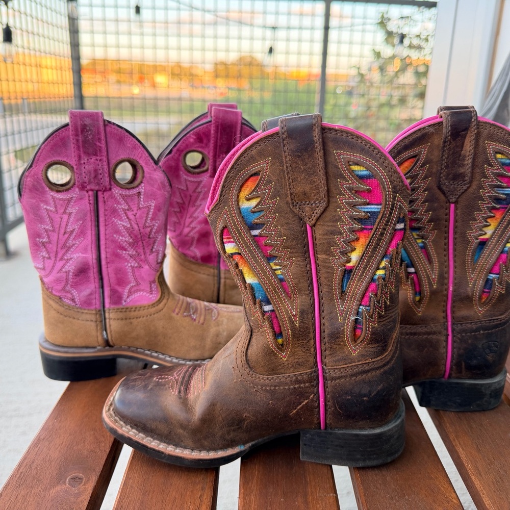 Girls Ariat Brown Leather Kids Cowboy Boots with Pink and Multicolor Accents